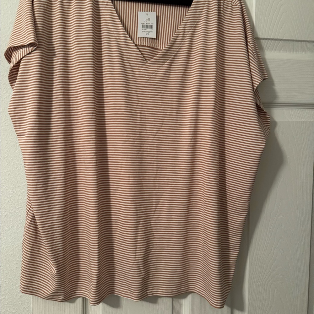 J. Jill Tan and Cream Striped V-Neck Blouse-BRAND NEW with tags.